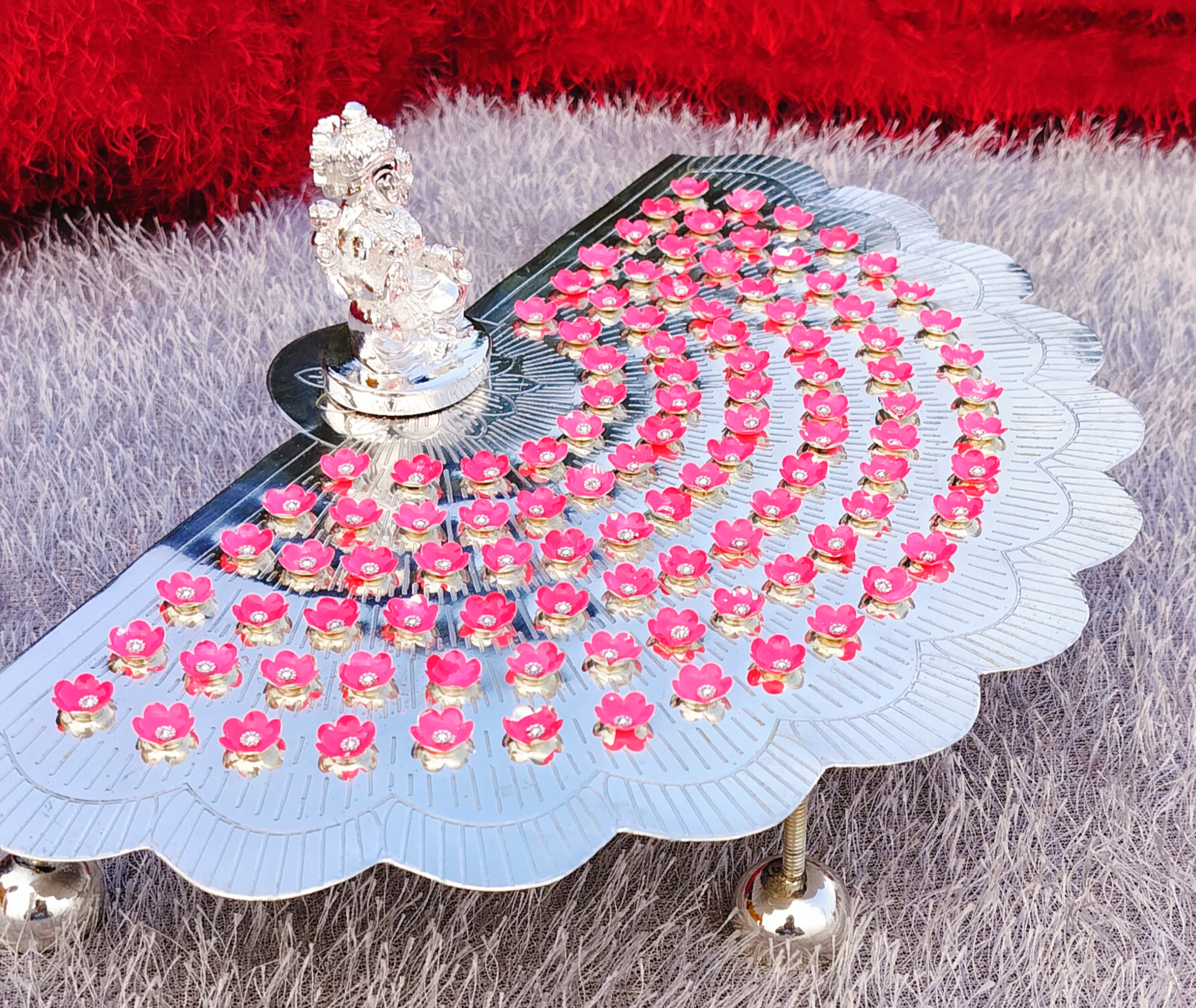 German Silver 108 Flower Stand with Laxmi Idol & Flowers.